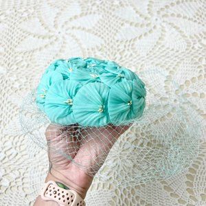 Vintage 1950s Beverly Shoppe Girls 6-8 Years Teal Floral Fascinator Hat Bonnet